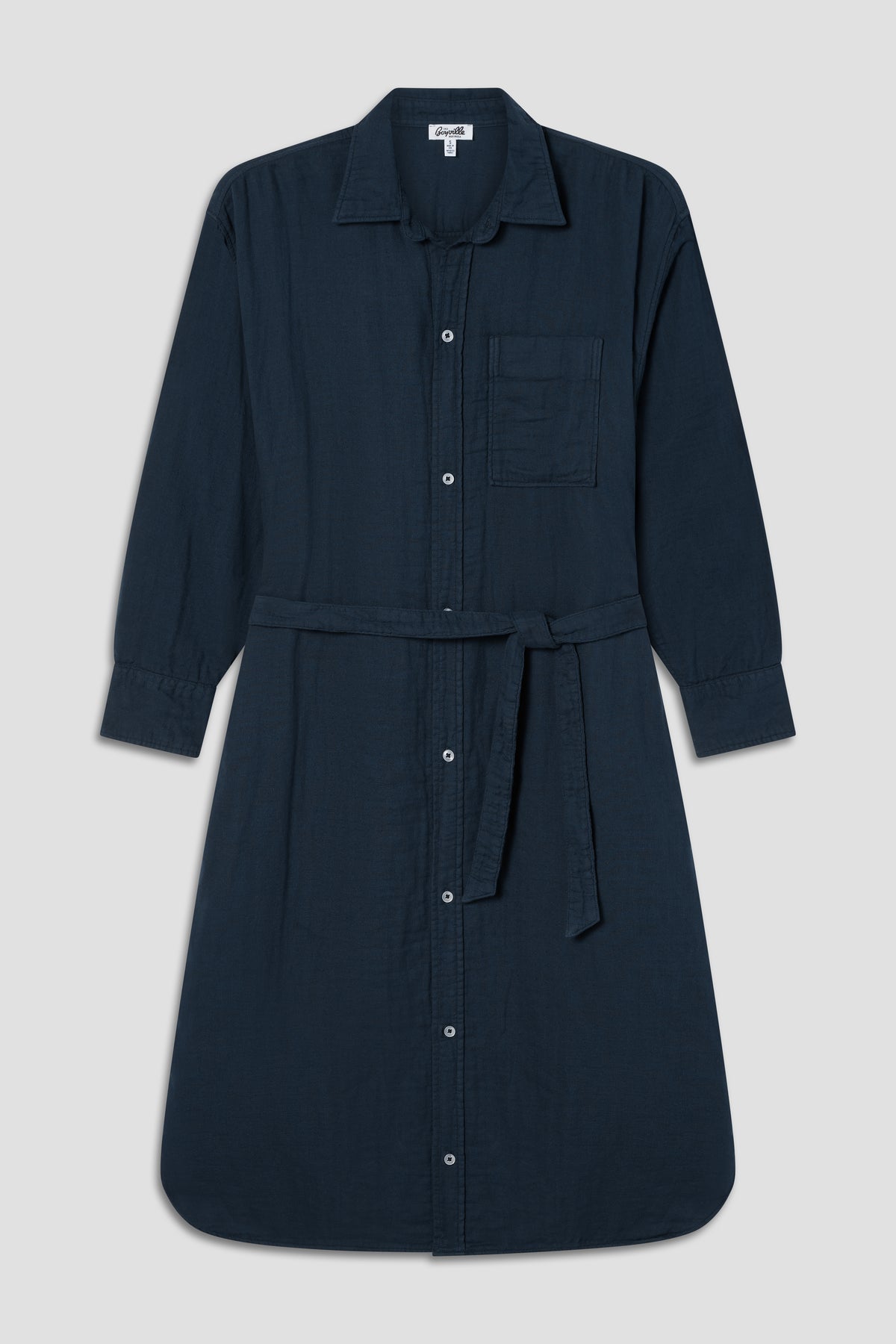 Navy gauze shirt dress with button front, chest pocket, tie belt waist, three-quarter sleeves