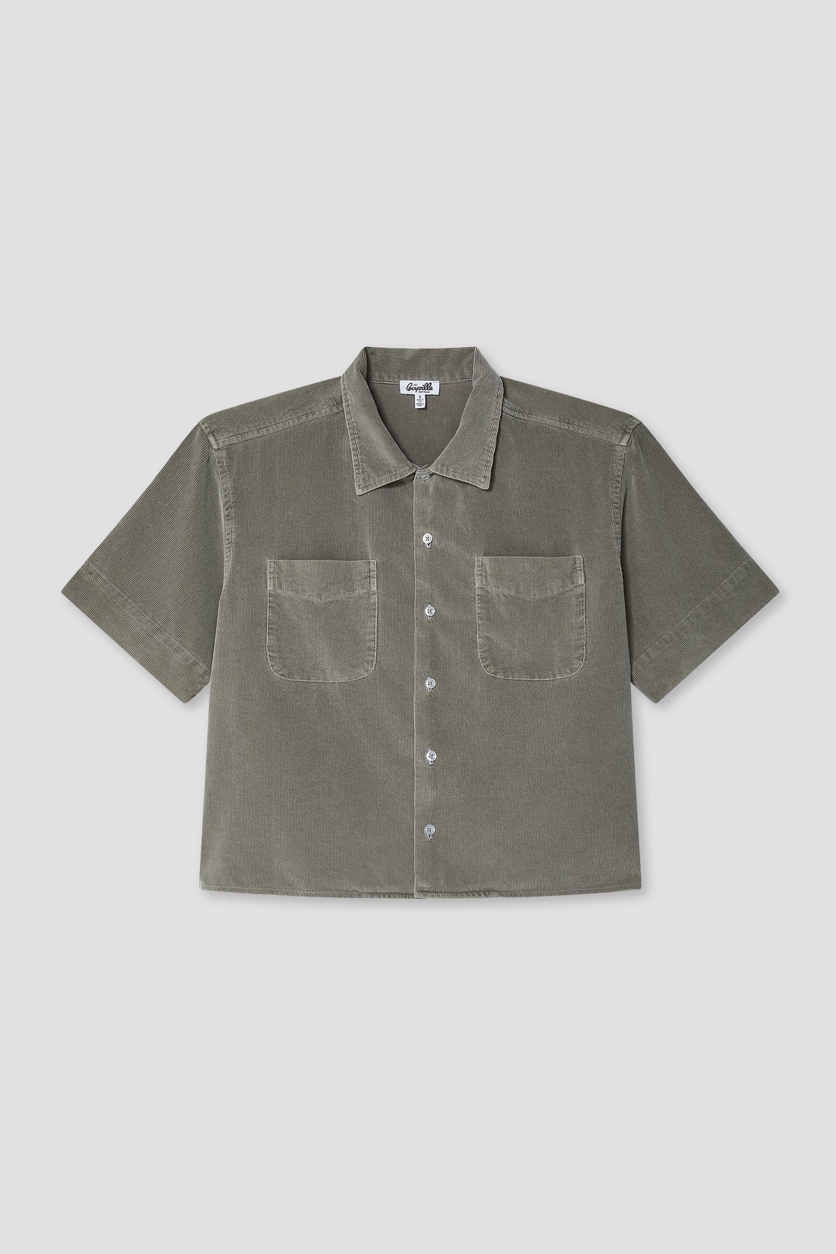 Mocha camp cord shirt with point collar, short sleeves, button front, and two chest pockets