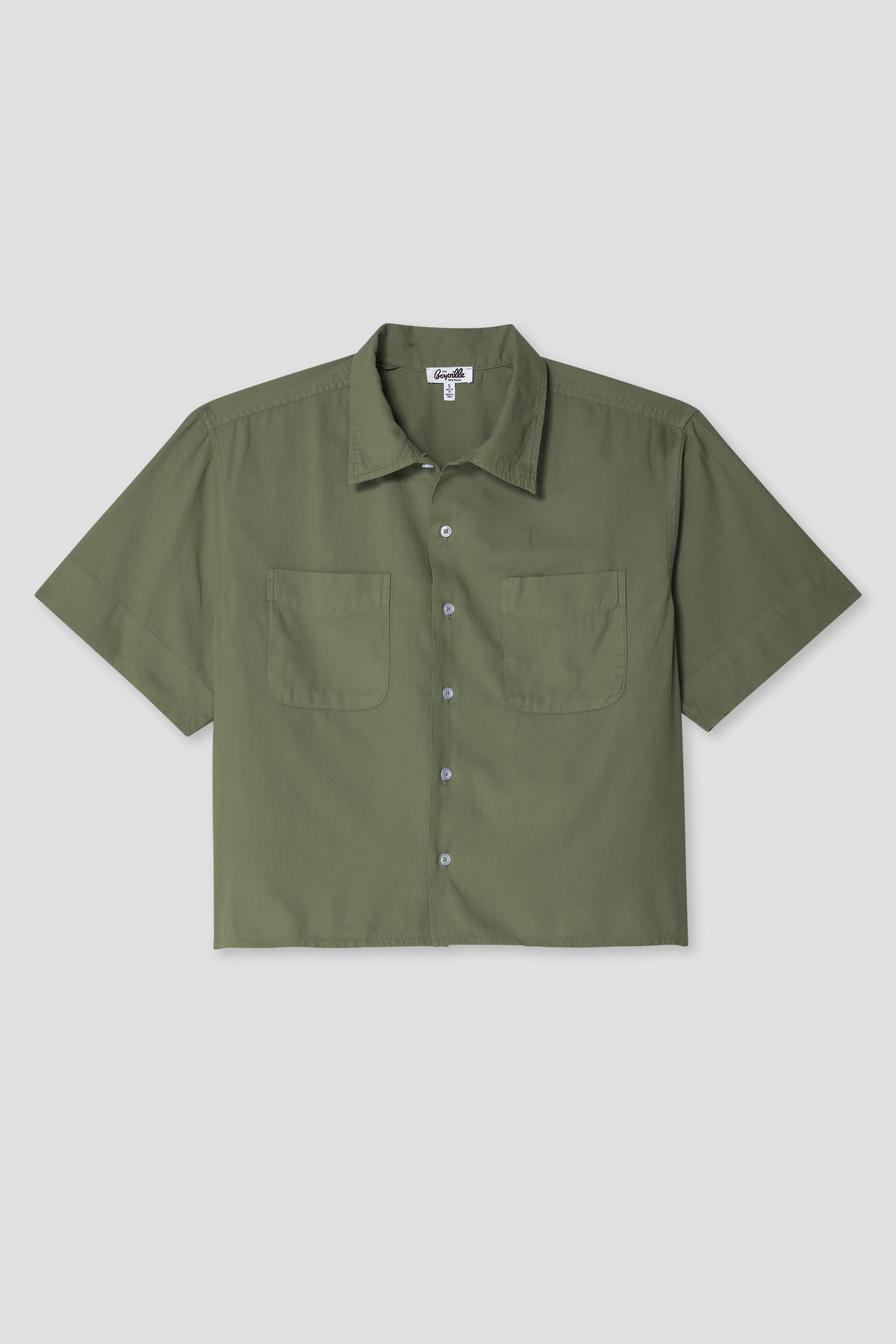 Boxy olive oxford short-sleeve button-up shirt with chest pockets