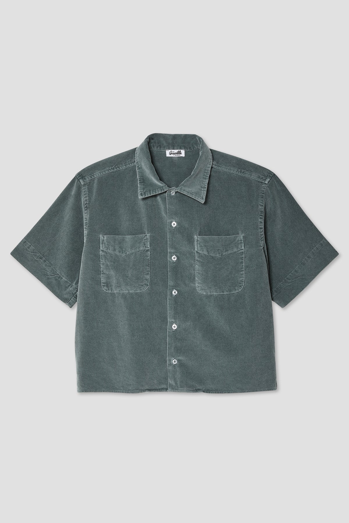 Petrol camp cord shirt with point collar, short sleeves, button front, and chest pockets