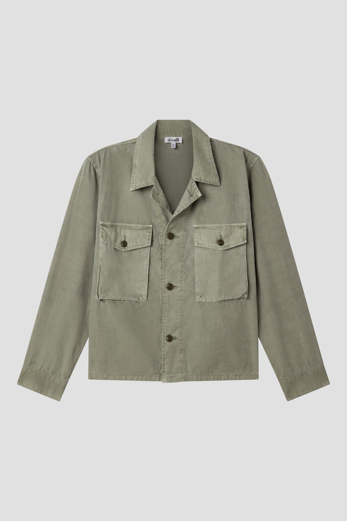 Khaki-green crop camp shirt jacket with point collar and two chest flap pockets