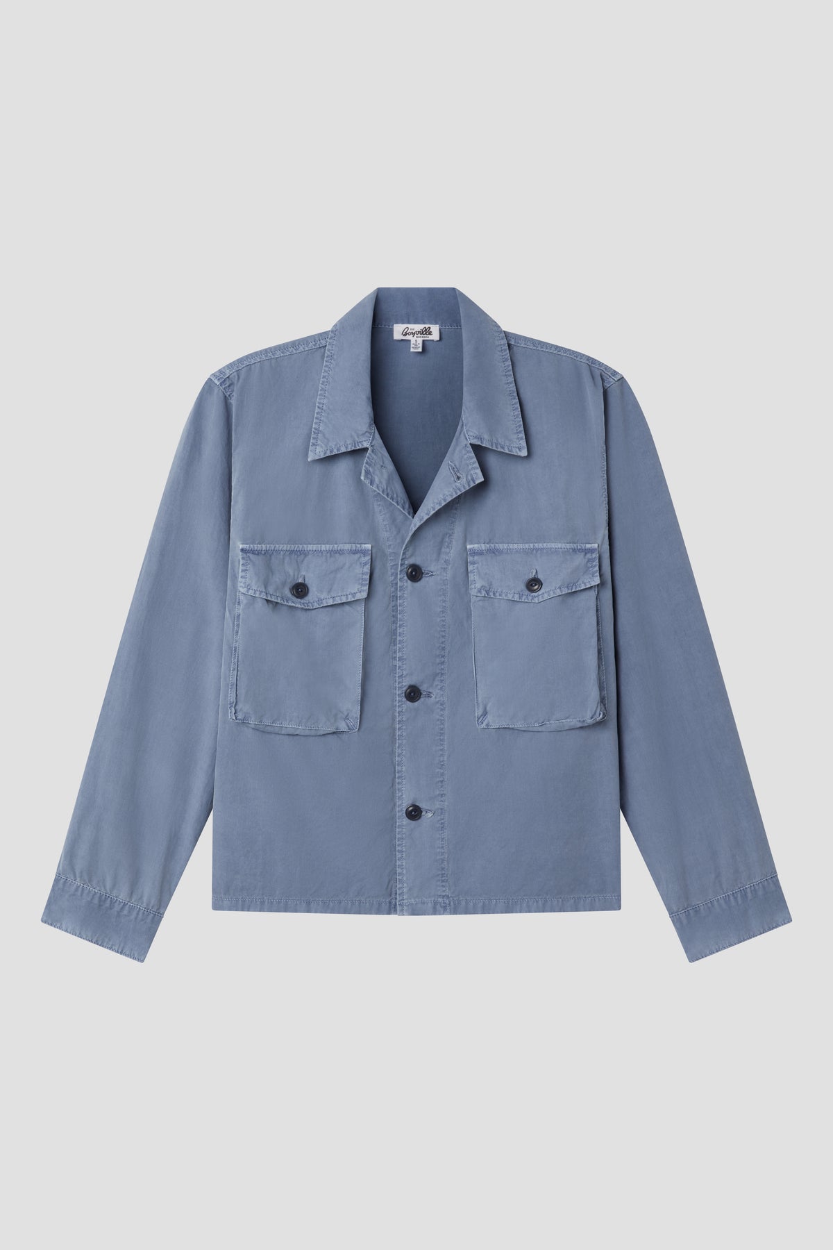 Union Blue crop camp shirt jacket with point collar and two chest flap pockets