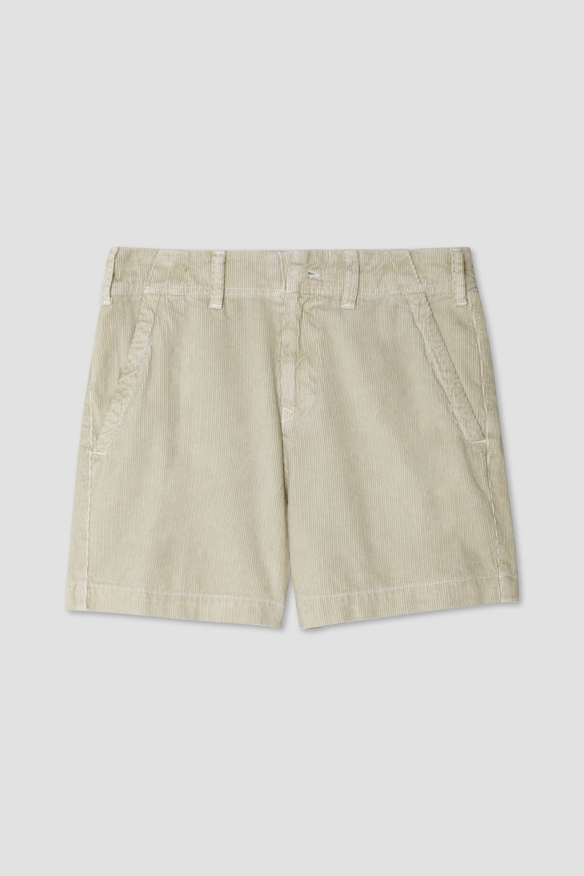Corduroy shorts in light beige, front view with belt loops and button closure