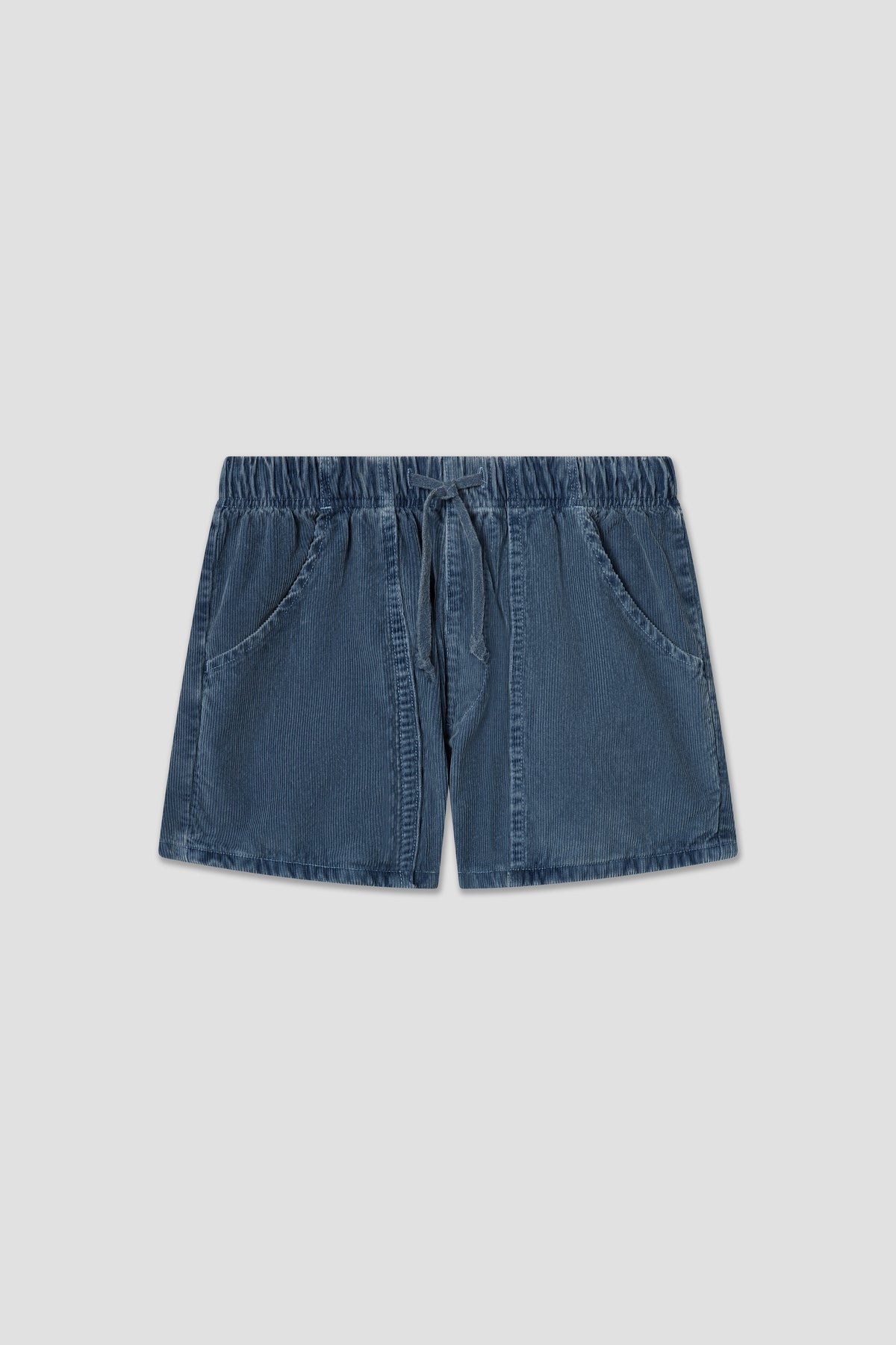 Boys cord surf shorts in blue, elastic waistband with drawstring and side pockets.