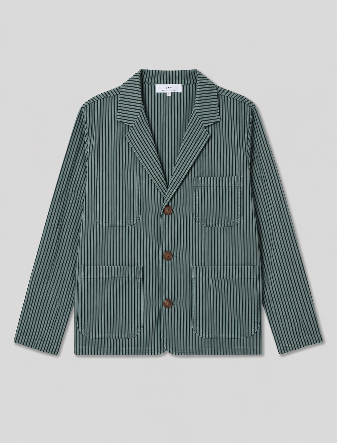 Green striped cotton-hemp blazer with notch lapels, patch pockets, and 3-button front