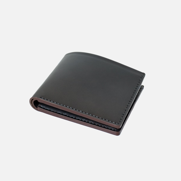 Open billfold wallet in dark gray leather with top stitched trim