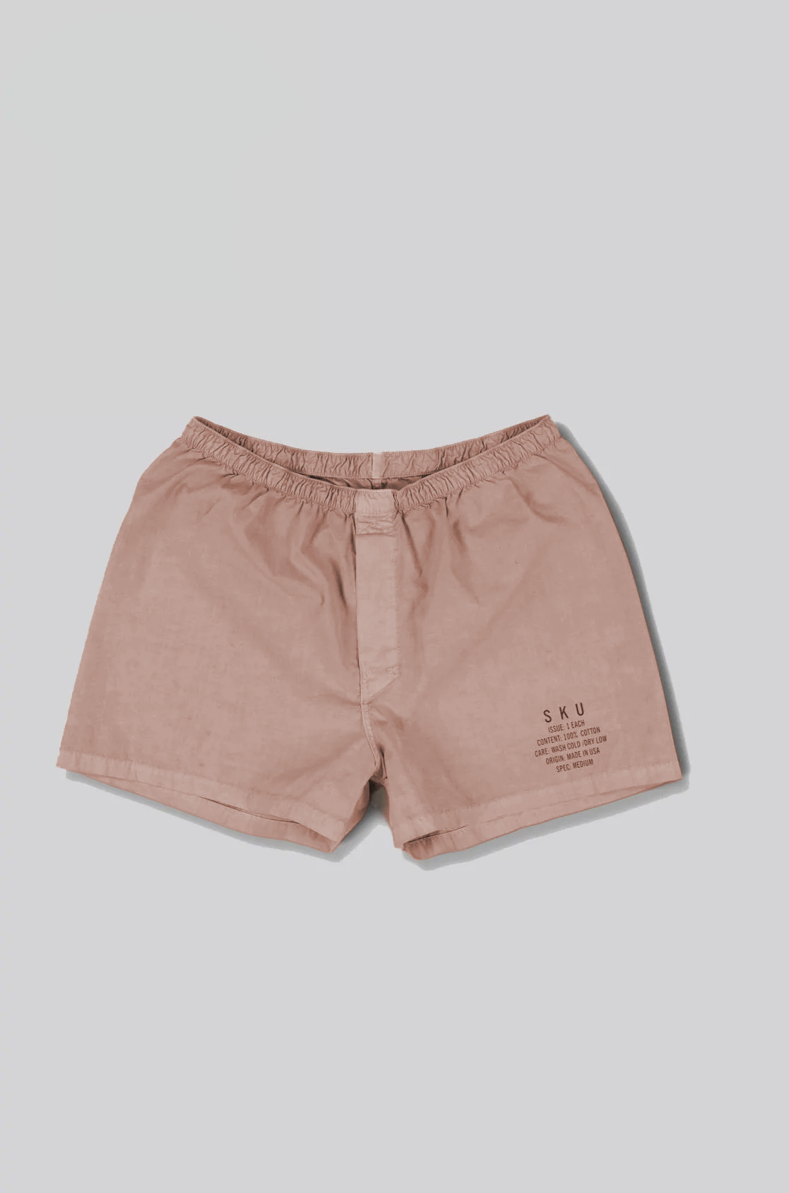 Washed dye field boxers in dusty rose with elastic waistband and side pockets