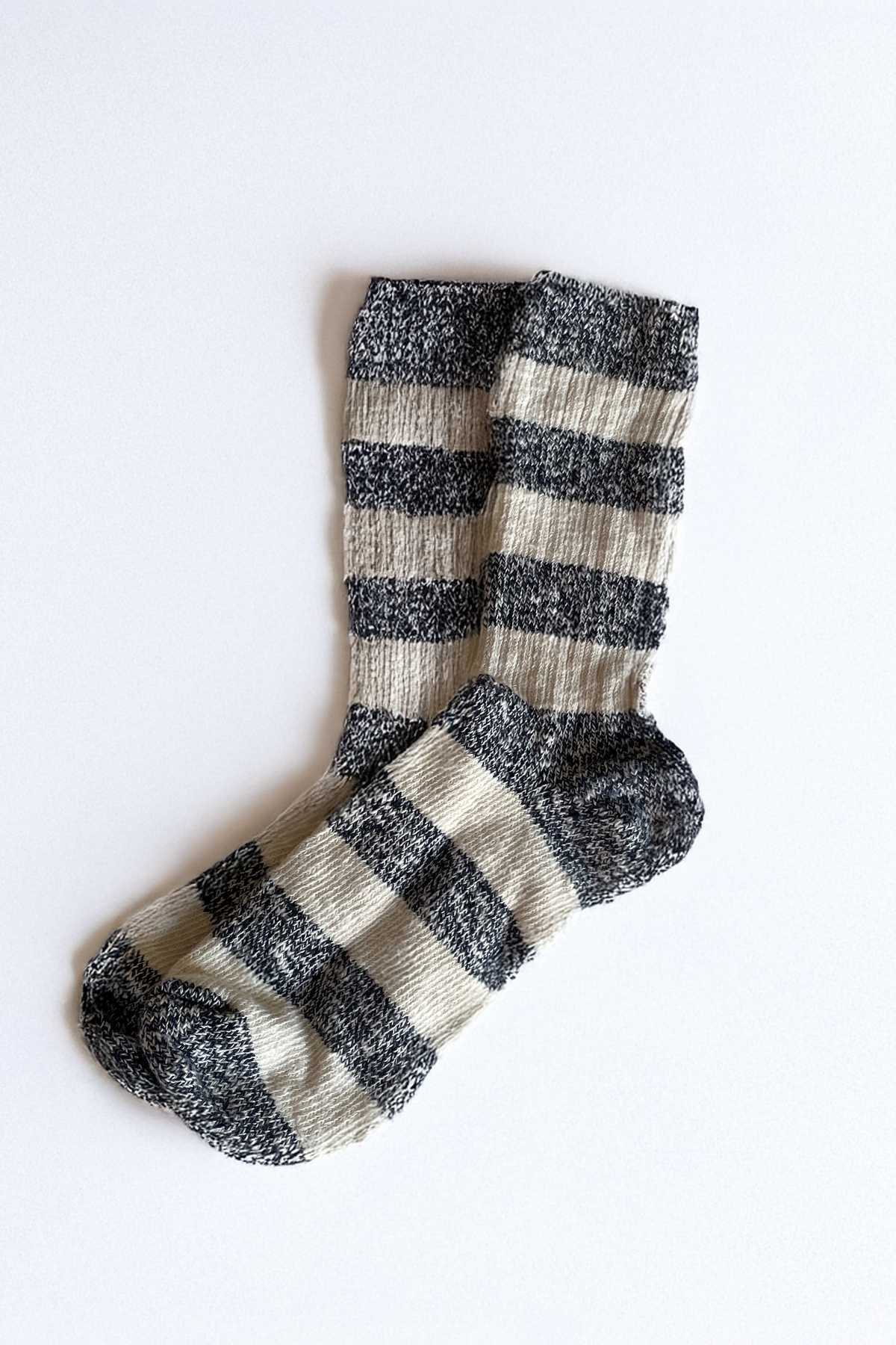 Striped rag socks in natural with dark gray and cream horizontal bands