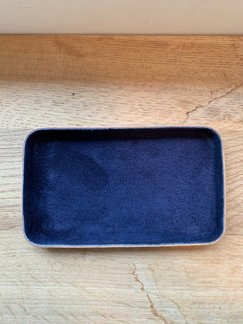 Navy suede leather tray, rectangular with rounded corners