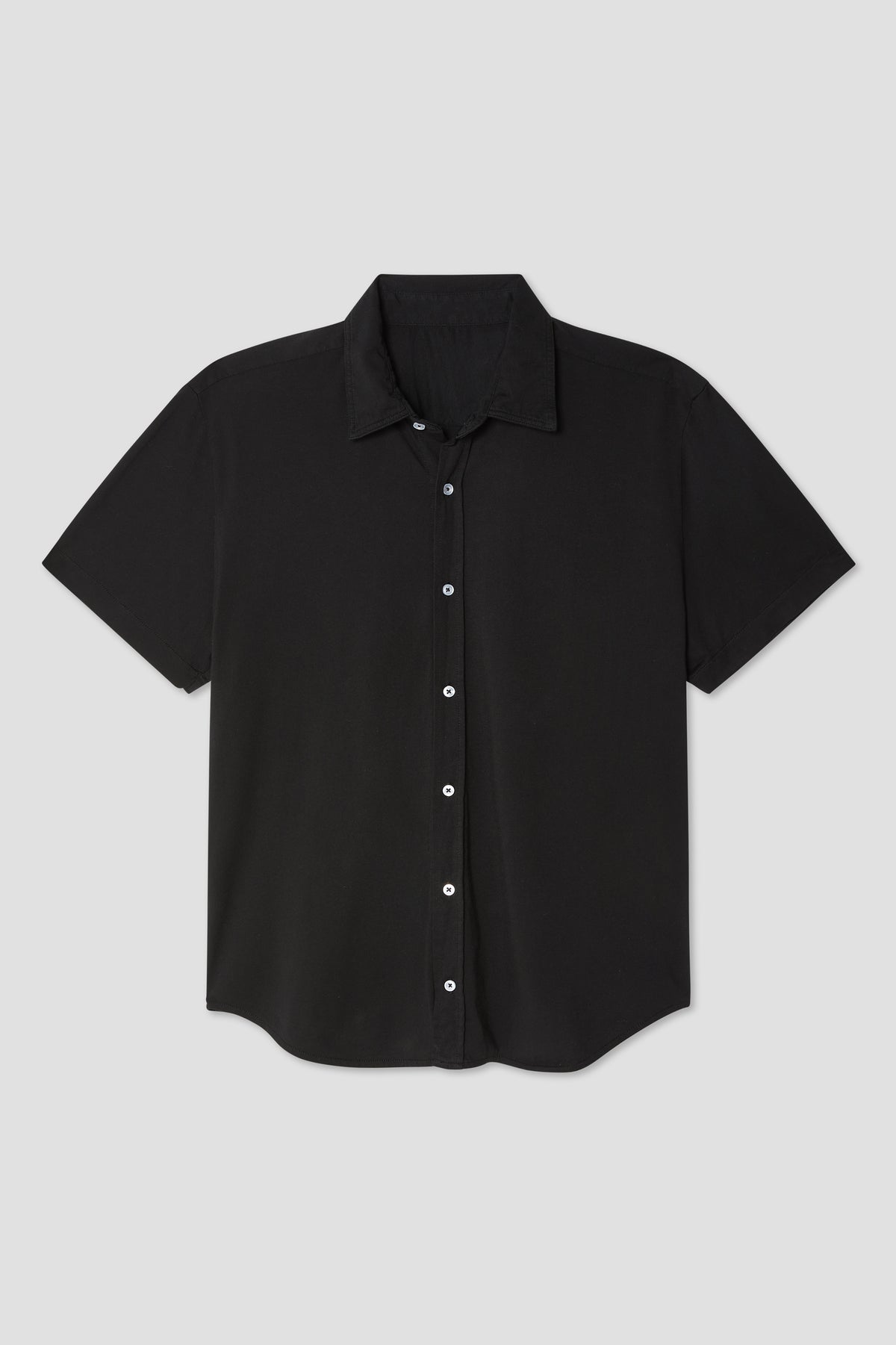 Black short-sleeve button-up jersey shirt with spread collar and front buttons.