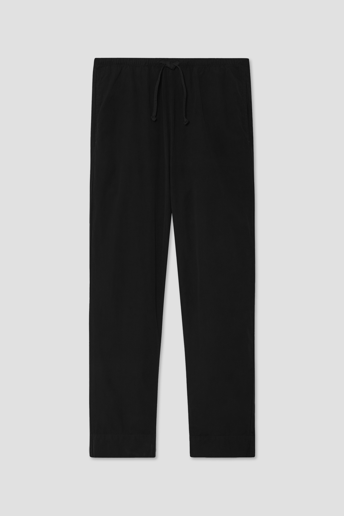 Relaxed poplin drawstring pants, black, front view with elastic waist and hem cuffs.