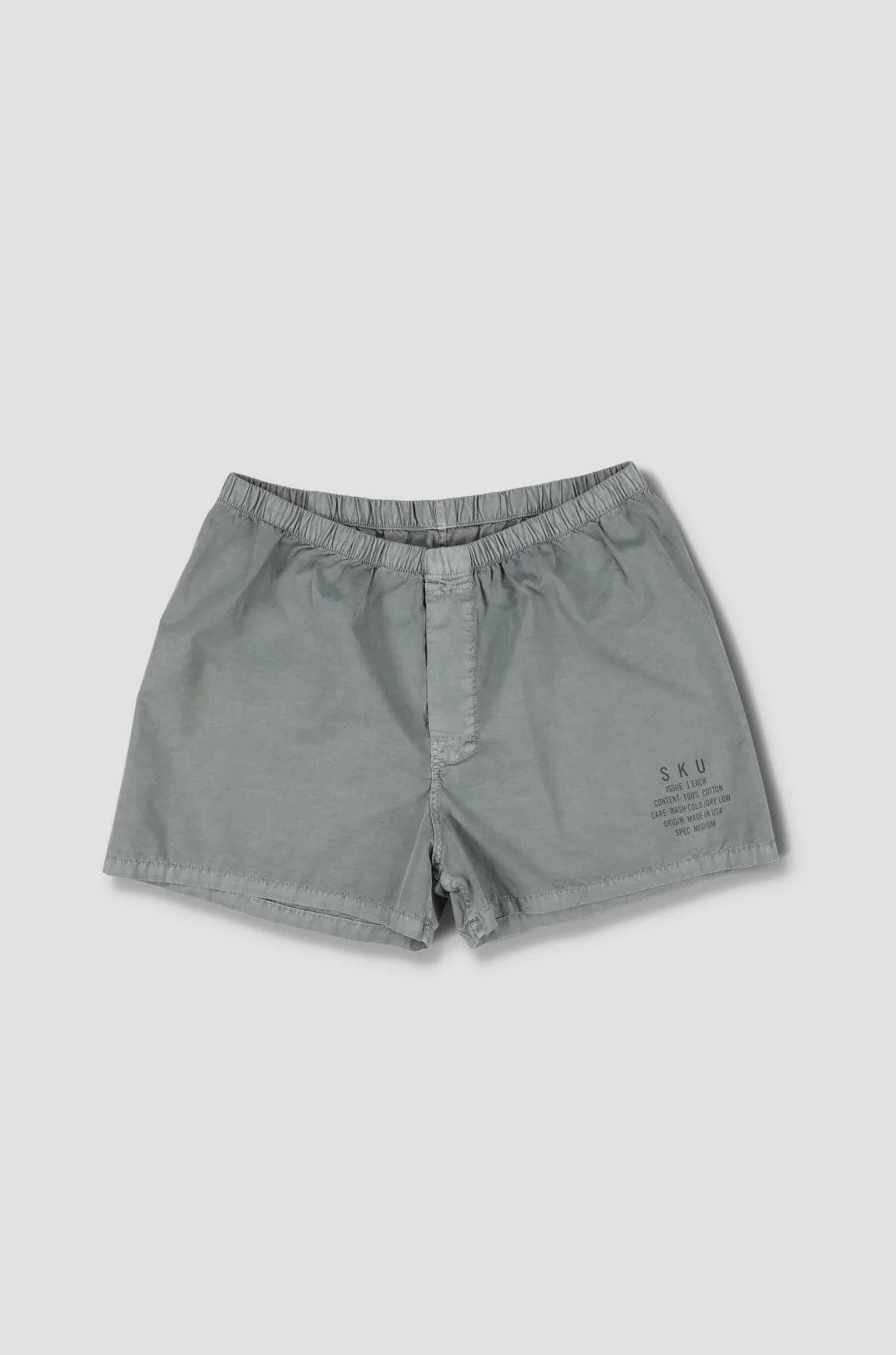 Sage distressed-dye boxers with elastic waistband and front fly