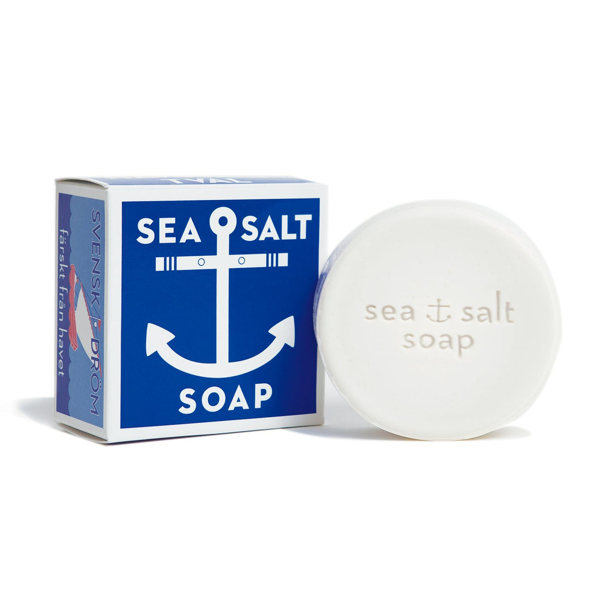 Sea salt soap bar and blue carton, round white bar with embossed sea salt soap text