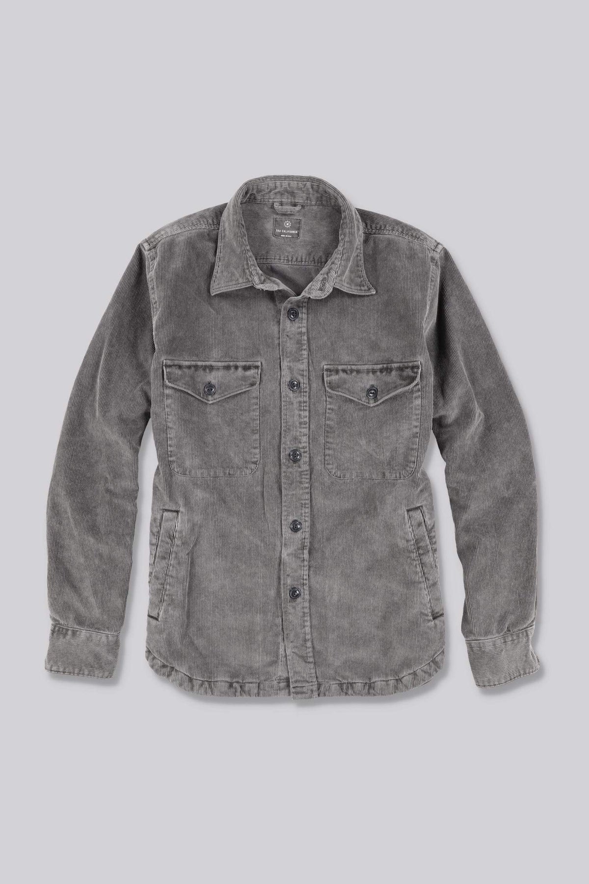 Gray corduroy shirt jacket with button front, spread collar, and two chest pockets