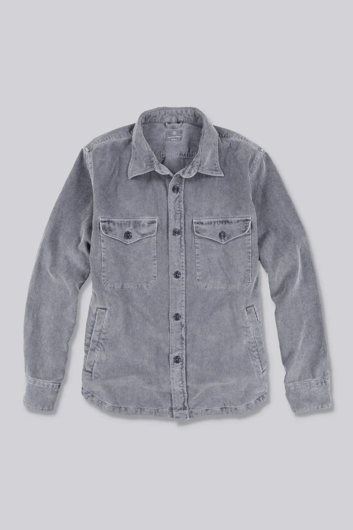 Light blue-gray corduroy shirt jacket with button placket and chest patch pockets