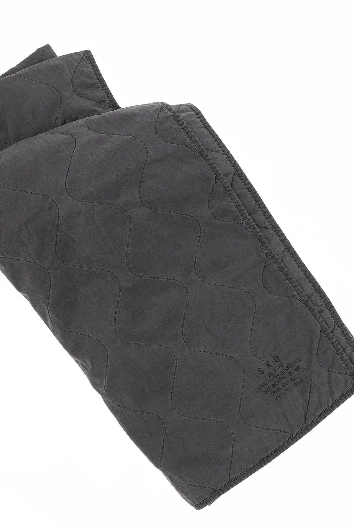 Dark gray quilted utility blanket with stitched panel quilting, folded.